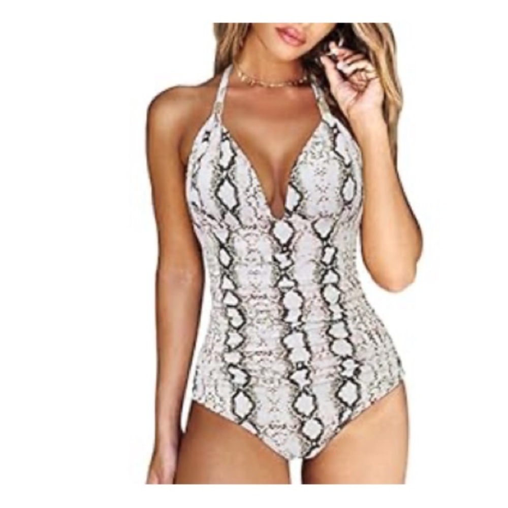Snakeskin Print Halter One-Piece Bathing Suit